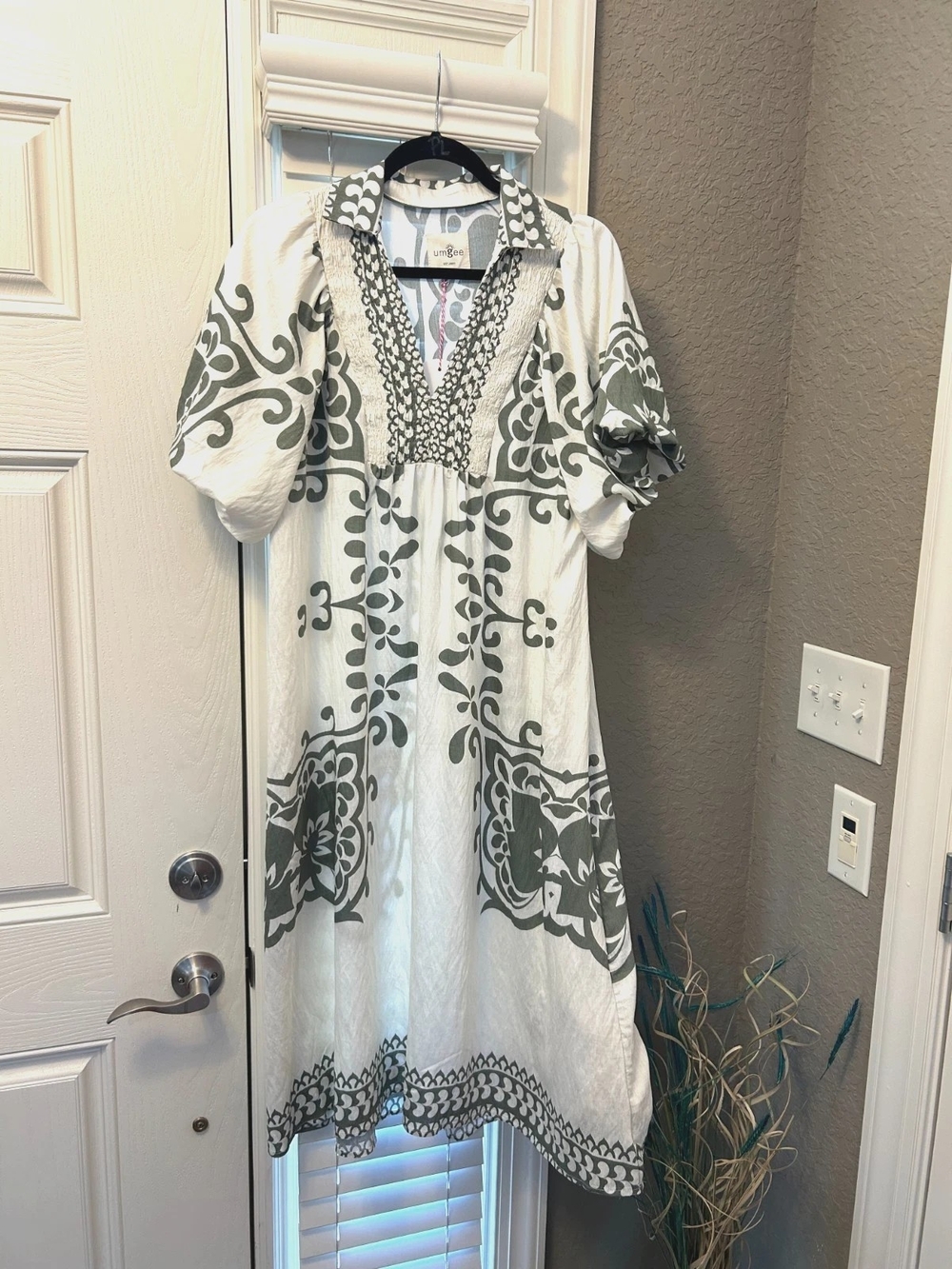 White and Olive Patterned Women's Dress - Picture 1 of 4